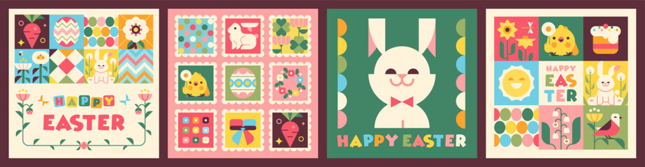 Set of Vector greeting cards concept. Happy Easter. Cute geometric style. Chicken, eggs, flowers, spring, decor, rabbits, bunnies, ribbons.