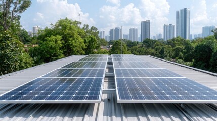 Fototapeta premium Solar panels on rooftop with cityscape background. Possible use for environment-friendly homes
