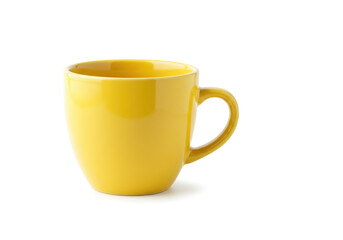 Blank yellow coffee cup isolated on white background.