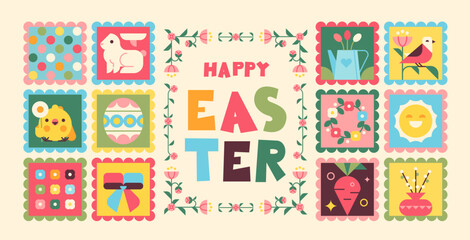 Vector greeting card concept. Happy Easter. Cute geometric style. Chicken, eggs, flowers, spring, decor, rabbits, bunnies, ribbons. Web template banner.