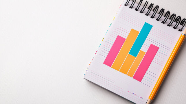 Colorful bar graph in spiral notebook with pen on white background
