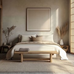 Neutral bedroom featuring a bed with bench and decor