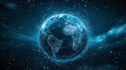 A digitally rendered Earth glows against a cosmic backdrop, connected by a network of lines, symbolizing global connectivity and technology.