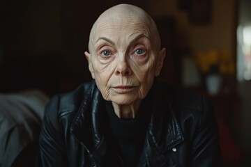 Obraz premium Elderly woman with a bald head sits thoughtfully in a dimly lit room on a calm afternoon