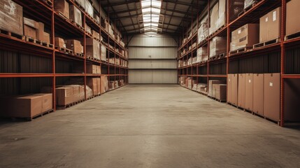 Fototapeta premium Empty warehouse aisle, cardboard boxes, storage, logistics