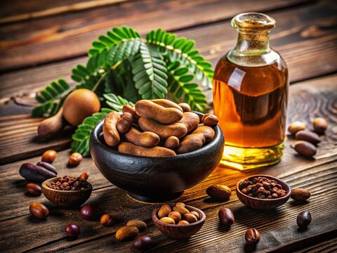 Tamarind, Roasted Seeds & Essential Oil on Rustic Wood