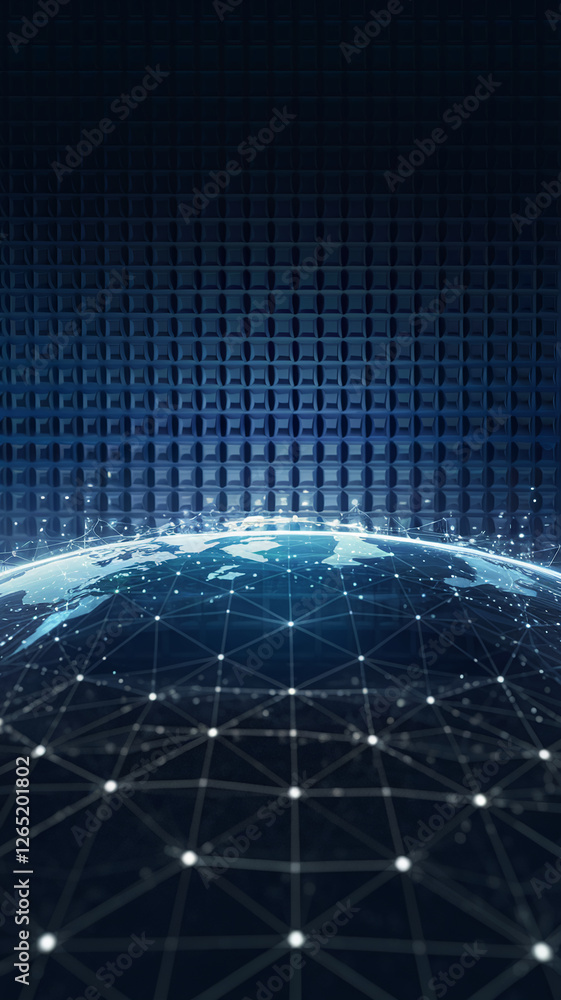 Poster a glowing digital network connected by lines and nodes over a globe, representing technology, data t