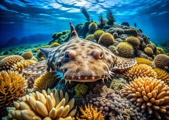 Tasseled Wobbegong Shark Hiding in Raja Ampat Coral Reef, Indonesia