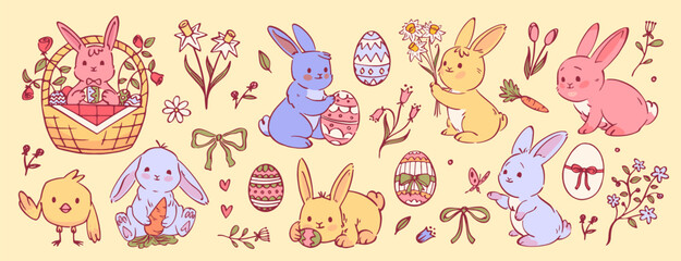 Vector set of Easter cute objects and elements: rabbits, eggs, flowers, ribbons, chick. Cute hand drawing happy Easter collection. Isolated background.