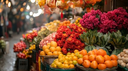 A market filled with fresh flowers, fruits, and vegetables, symbolizing prosperity during Lunar New Year