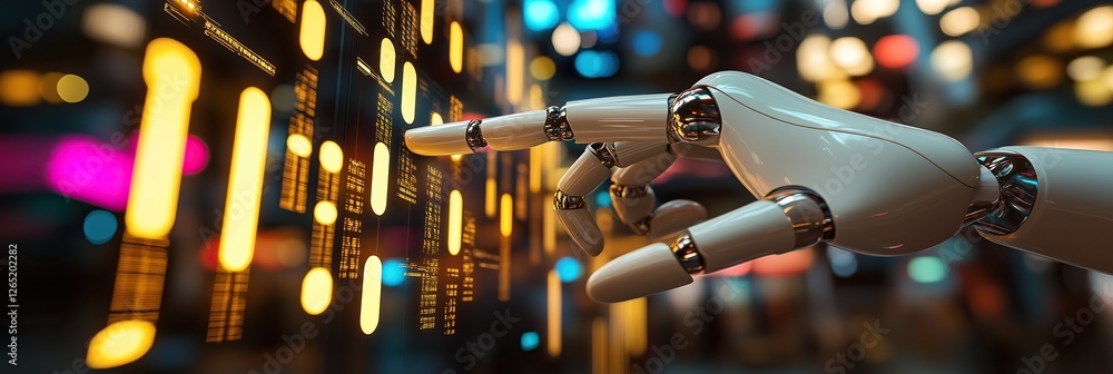 Poster futuristic technology: robotic arm interacts with holographic display in vibrant technology driven e