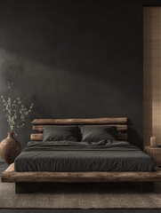 Rustic bedroom showcases a wooden bed with dark linen