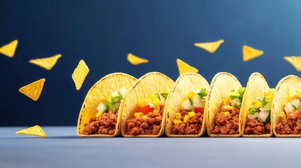 A vibrant display of tacos filled with meat, vegetables, and spices, accompanied by flying tortilla chips against a blue background.