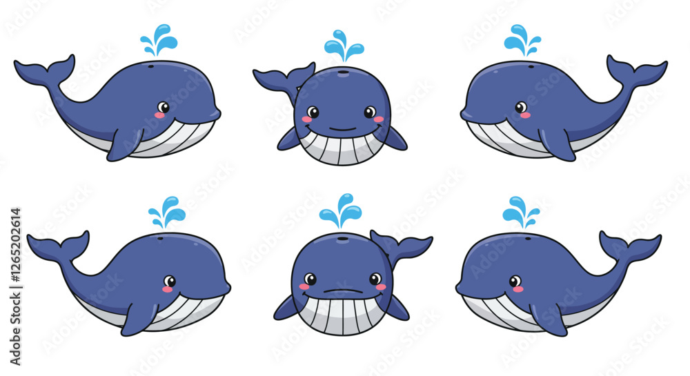 Poster the whale changes from a happy expression to a playful pose with added splashes in the second frame.