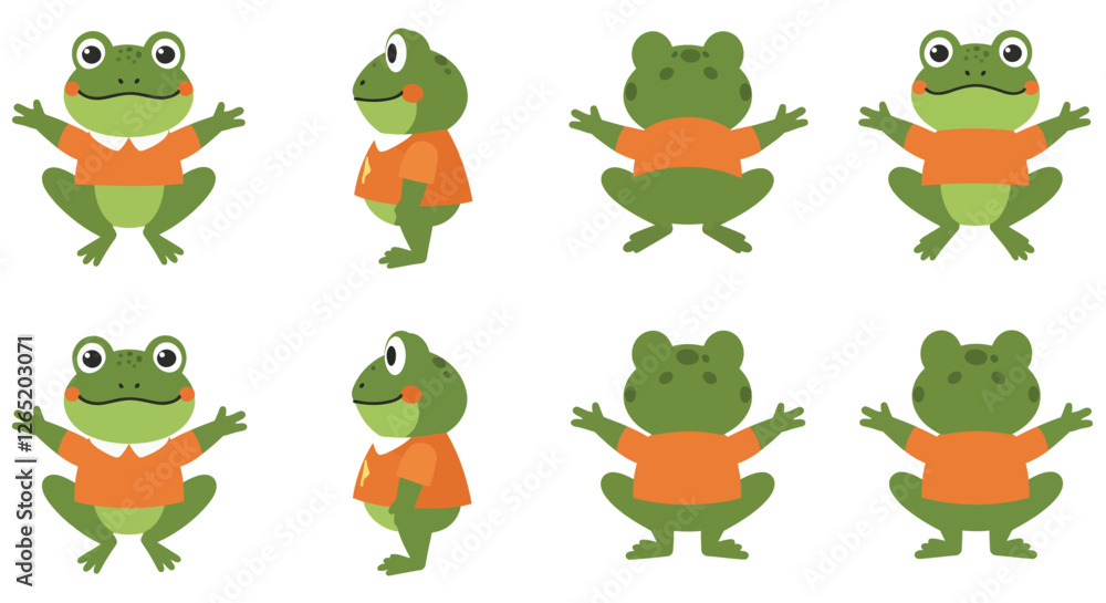 Poster the frog transitions from a standing pose to a sitting position while maintaining a cheerful express