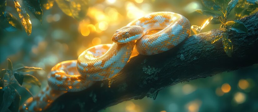 Golden python coiled on a tree branch at sunset.