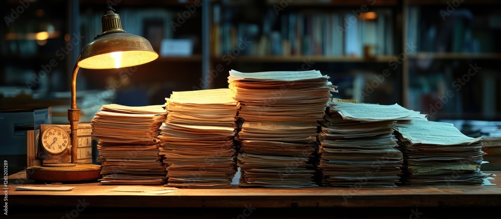 Poster stacks of papers illuminated by a desk lamp in a dimly lit library setting.