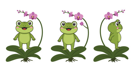 Fototapeta premium The frog changes from a standing pose to a side view while retaining colorful floral elements.