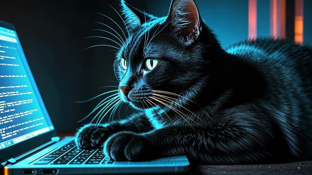 Black cat typing on laptop, great for technology, communication, and animalthemed designs needing a creative and whimsical touch.
