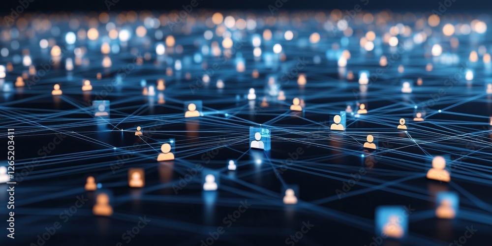 Poster Abstract network of stylized figures linked by glowing lines connections relationships and sense of global community