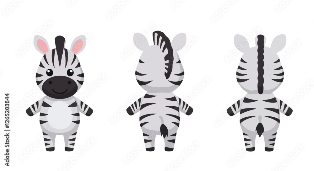 Aufkleber the image illustrates a charming zebra character transitioning from a front view to side and back vi