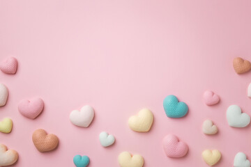 Colorful tiny hearts on pastel pink background. Minimal concept idea. Place for inscription. 