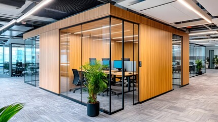Obraz premium Modern Office Workspace, Glass Cubicles - Biophilic design (plant)