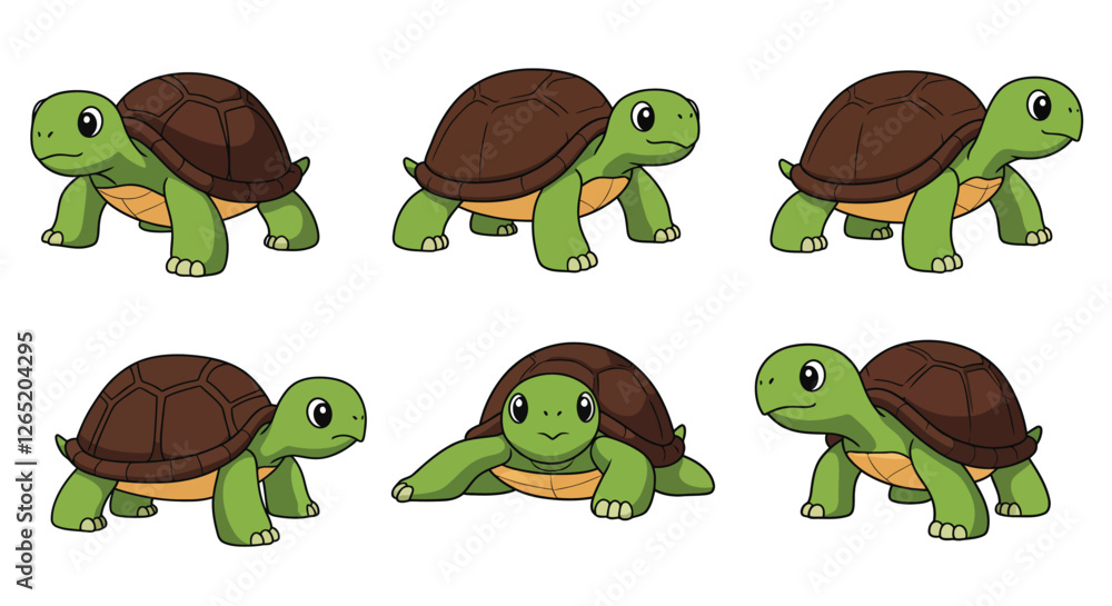 Poster the turtle transitions from standing to stretching, displaying a cheerful and lively expression in t