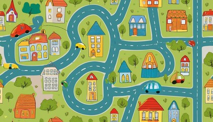 Seamless pattern of childish cartoon town, city map with road and cars for fabric, wallpaper, background design. Cute baby, child perfect any project.