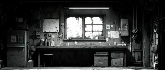 Dark, cluttered workshop, workbench, single window.