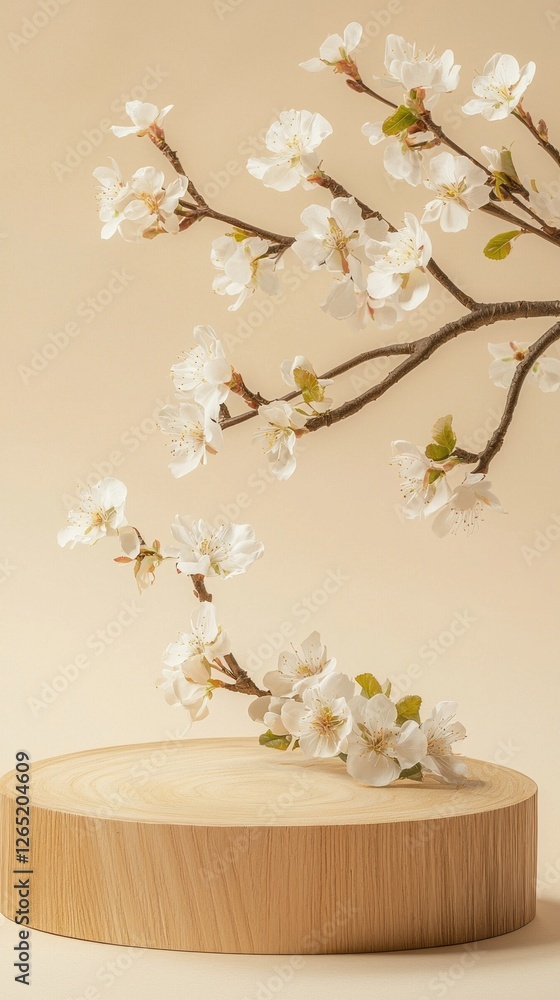 Poster delicate white cherry blossoms gracefully extend from a wooden platform, creating an enchanting visu
