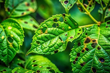 Tilt-Shift Macro: Insect Damage on Green Leaves - Detailed Study of Holey Foliage