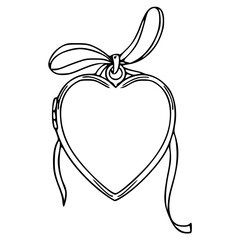 a black and white drawing of a heart shaped pendant with ribbon