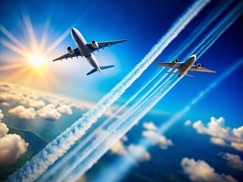Tilt-Shift Miniature Airplane Contrails: Blue Sky Aerial View