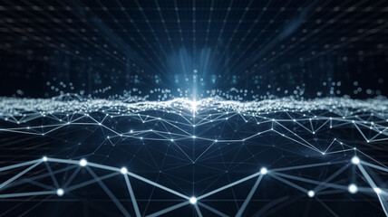 Obraz premium A futuristic digital landscape with glowing lights and interconnected networks, symbolizing technology, data flow, global connectivity, and the digital age.