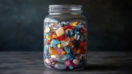 A jar filled with colorful, assorted candies against a dark background.