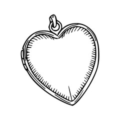 a black and white drawing of a heart shaped pendant 