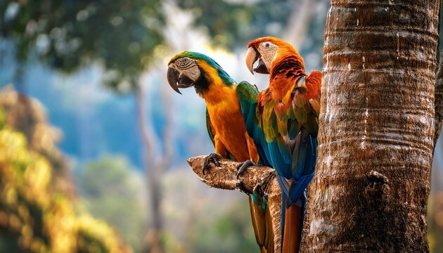 loros macho y hembra sobre un arbol mirando el bosque