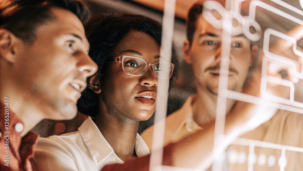 Poster a closeup of diverse team members faces illuminated by the glow of a holographic interface reflectin