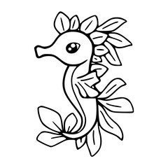 a black and white drawing of a cute smiling seahorses cartoon for coloring page