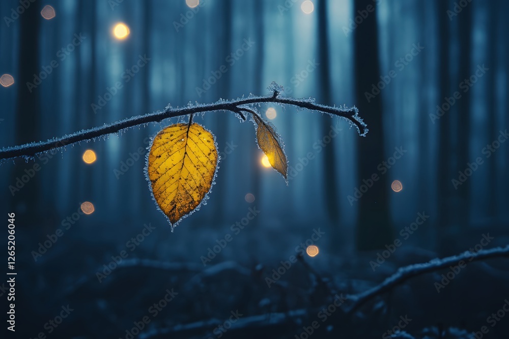 Poster golden leaf on frozen branch in a misty forest with bokeh lights creating a magical atmosphere