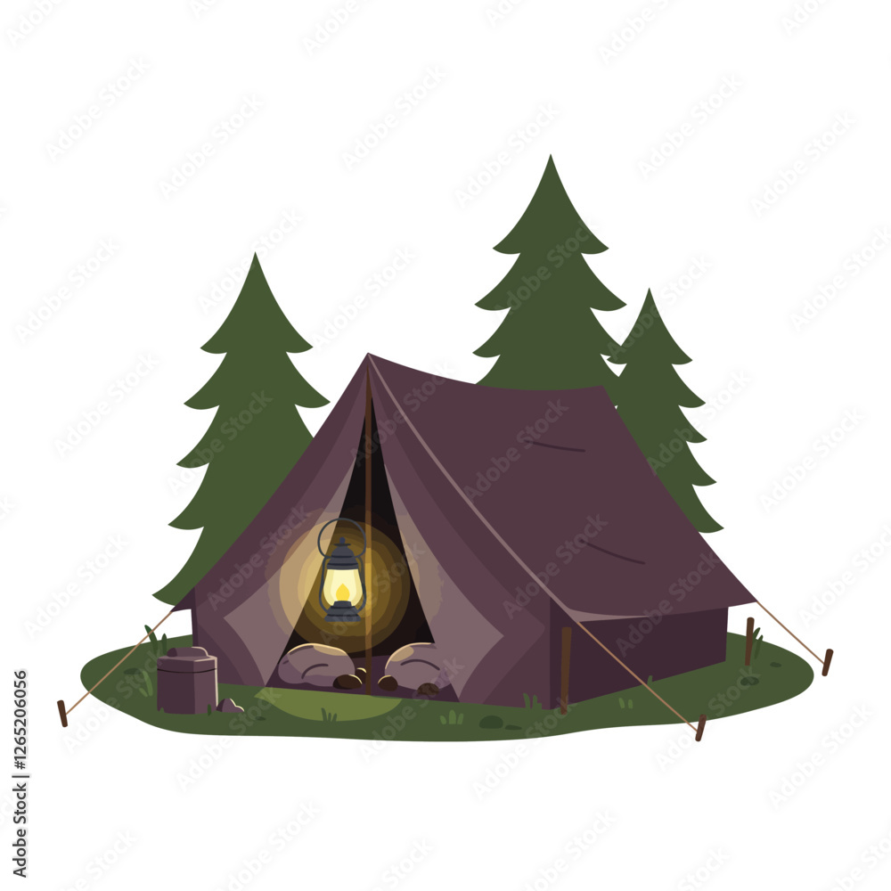 Poster the image transitions from a simple tent setup to a cozy illuminated camping scene.