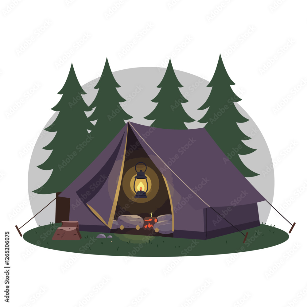 Poster the image transitions from a daytime camping scene to a nighttime atmosphere with illuminated lanter