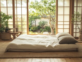 Minimalist bedroom features a floor mattress and garden view