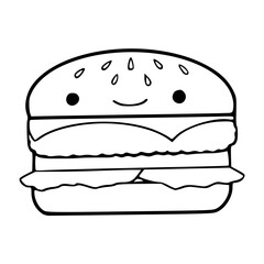 a black and white drawing of a cute smiling burger cartoon for coloring pages