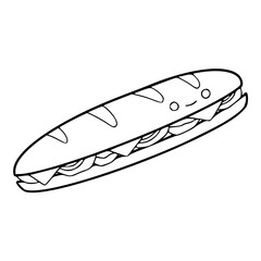 a black and white drawing of a cute smiling sandwich cartoon for coloring pages