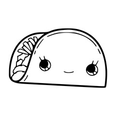 a black and white drawing of a cute smiling tacos cartoon for coloring pages