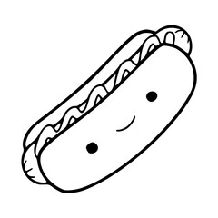 a black and white drawing of a cute smiling hotdog cartoon for coloring pages