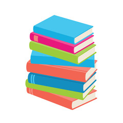 The image transitions from a simple stack of books to a vibrant, colorful arrangement with varied sizes.