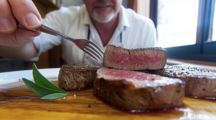 A man is eating a steak with a fork